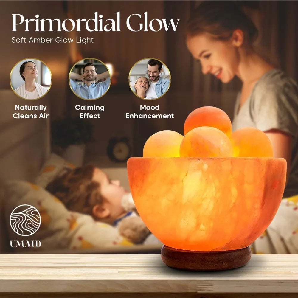 Natural Himalayan Salt Lamp Bowl with Massage Stones - Soothing Ambient LIght