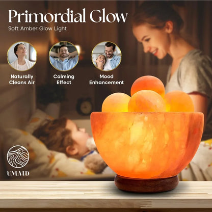 Natural Himalayan Salt Lamp Bowl with Massage Stones - Soothing Ambient LIght
