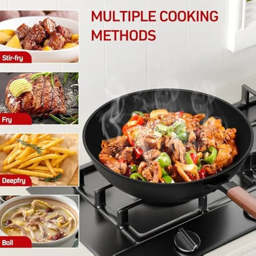 Durable Carbon Steel Wok with Lid & Spatula Everyday Cooking Made Easy