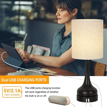 Set of 2 Bedside Table Lamps with Touch Control & USB Charging Ports