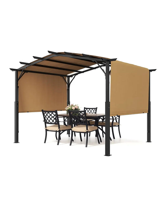 12 x 10 ft Pergola, Arched Metal Top, Retractable with Sun Shade Canopy