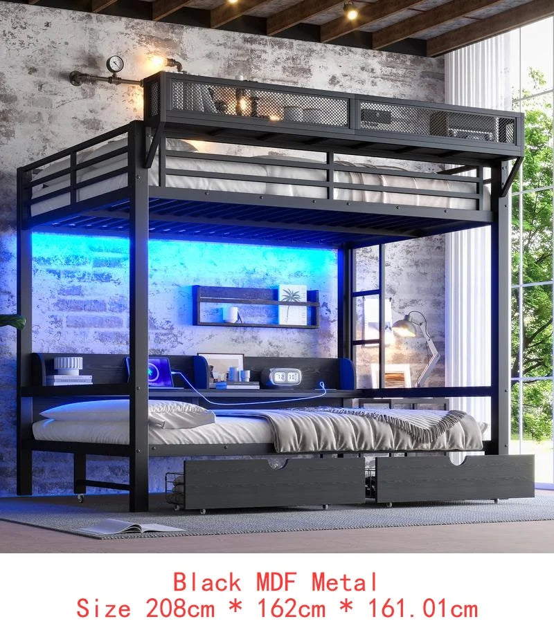 Queen Over Queen Bunk Bed with Storage, USB, Lights & Cozy Convenience