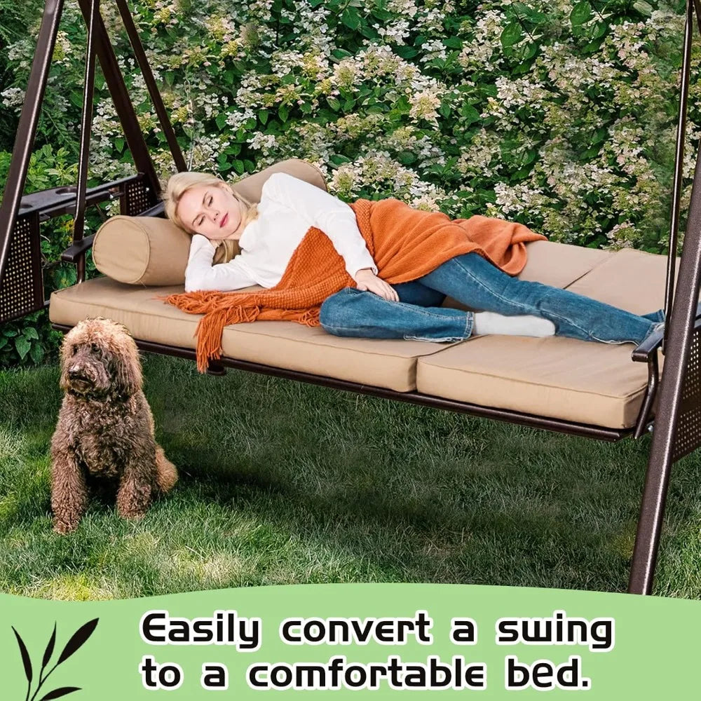 Oversized Convertible 3-Seater Porch Swing with Hardtop, 2 Side Cup Holder