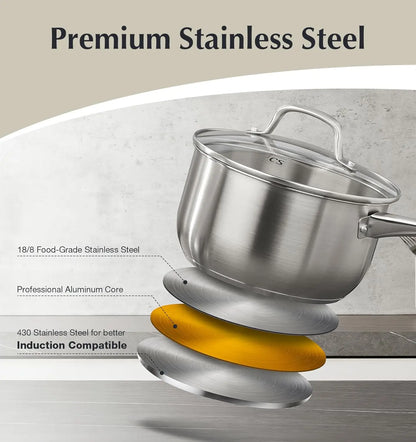 10 Piece Stainless Steel Pots and Pans Set. Induction Ready, Oven Safe to 450°F