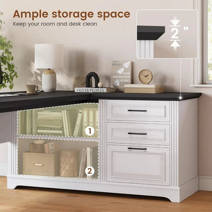 61" L Shaped Desk with Power Outlets, Storage Shelves & Drawers