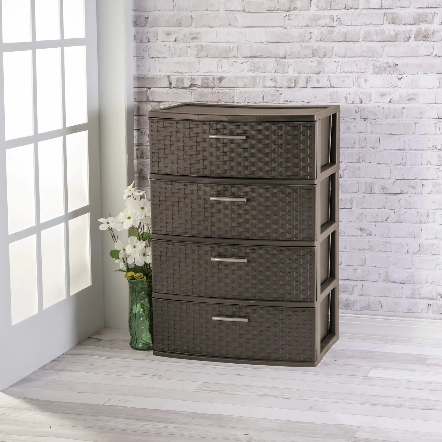4-Drawer Wide Weave Tower with Pull Handles for Closet, Office & Organization