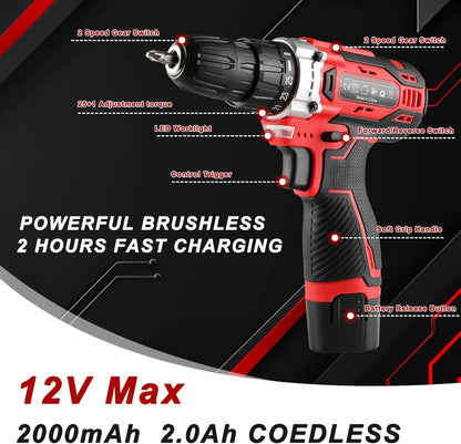 138 Pcs Tool Box Power Set with 12V Cordless Drill