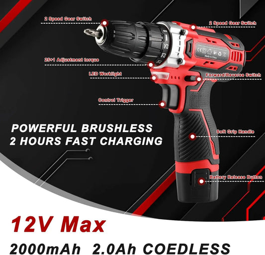 138 Pcs Tool Box Power Set with 12V Cordless Drill