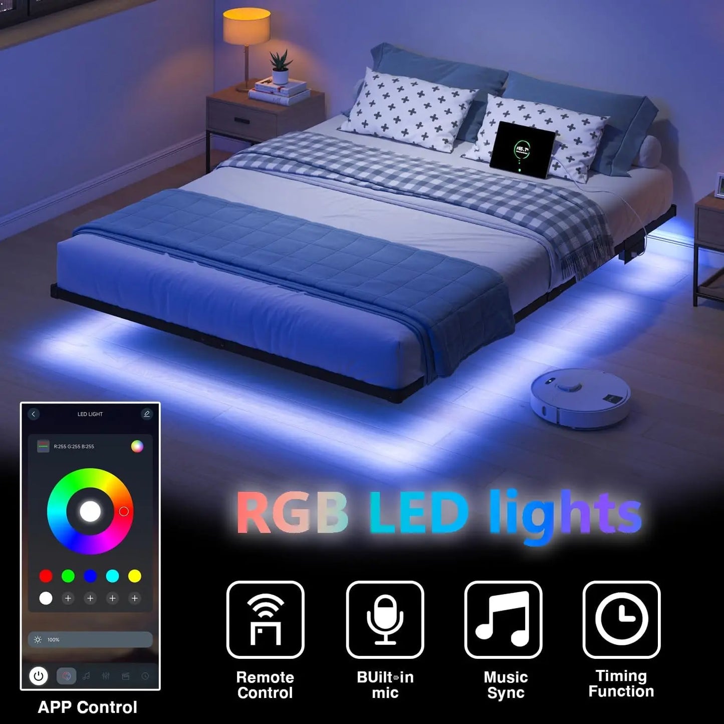 Queen Floating Bed Frame with LED Lights and Charging Station, No Box Spring Needed, Easy Assembly