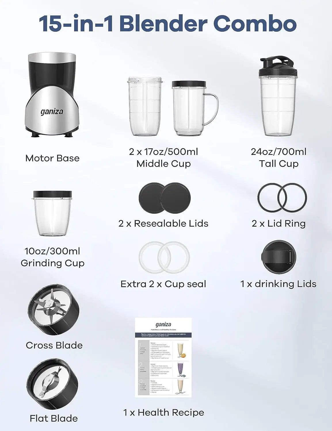 900W Smoothie Blender, 15-Piece Combo with Portable Cups, BPA-Free