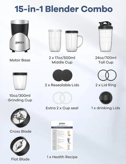 900W Smoothie Blender, 15-Piece Combo with Portable Cups, BPA-Free