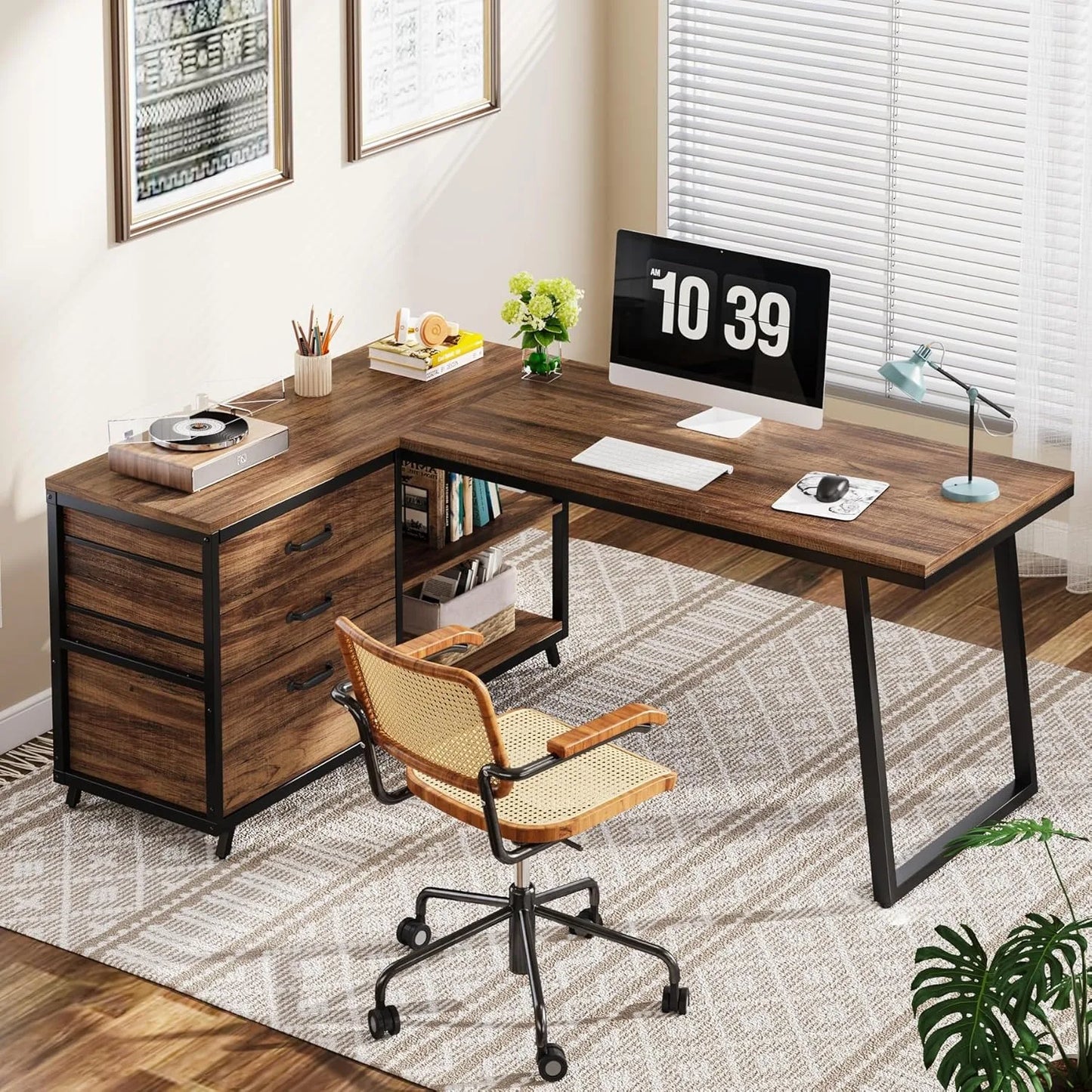 L-Shaped Computer Desk with 3 Drawers