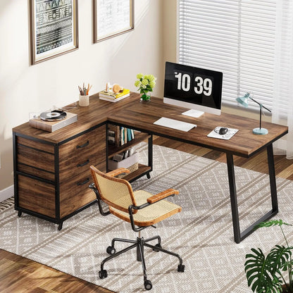 L-Shaped Computer Desk with 3 Drawers