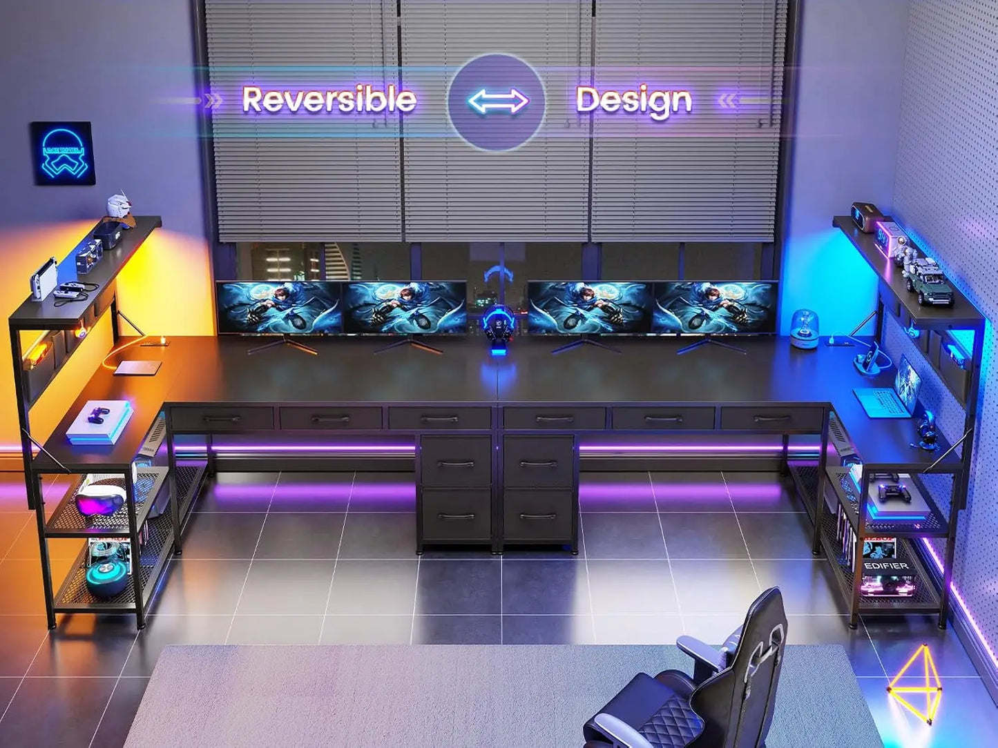 Reversible L Shaped Gaming Computer Desk with 5 Drawers, Storage Shelves & Built In Charging Station