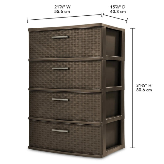 4-Drawer Wide Weave Tower with Pull Handles for Closet, Office & Organization