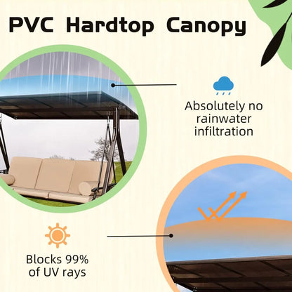 Oversized Convertible 3-Seater Porch Swing with Hardtop, 2 Side Cup Holder