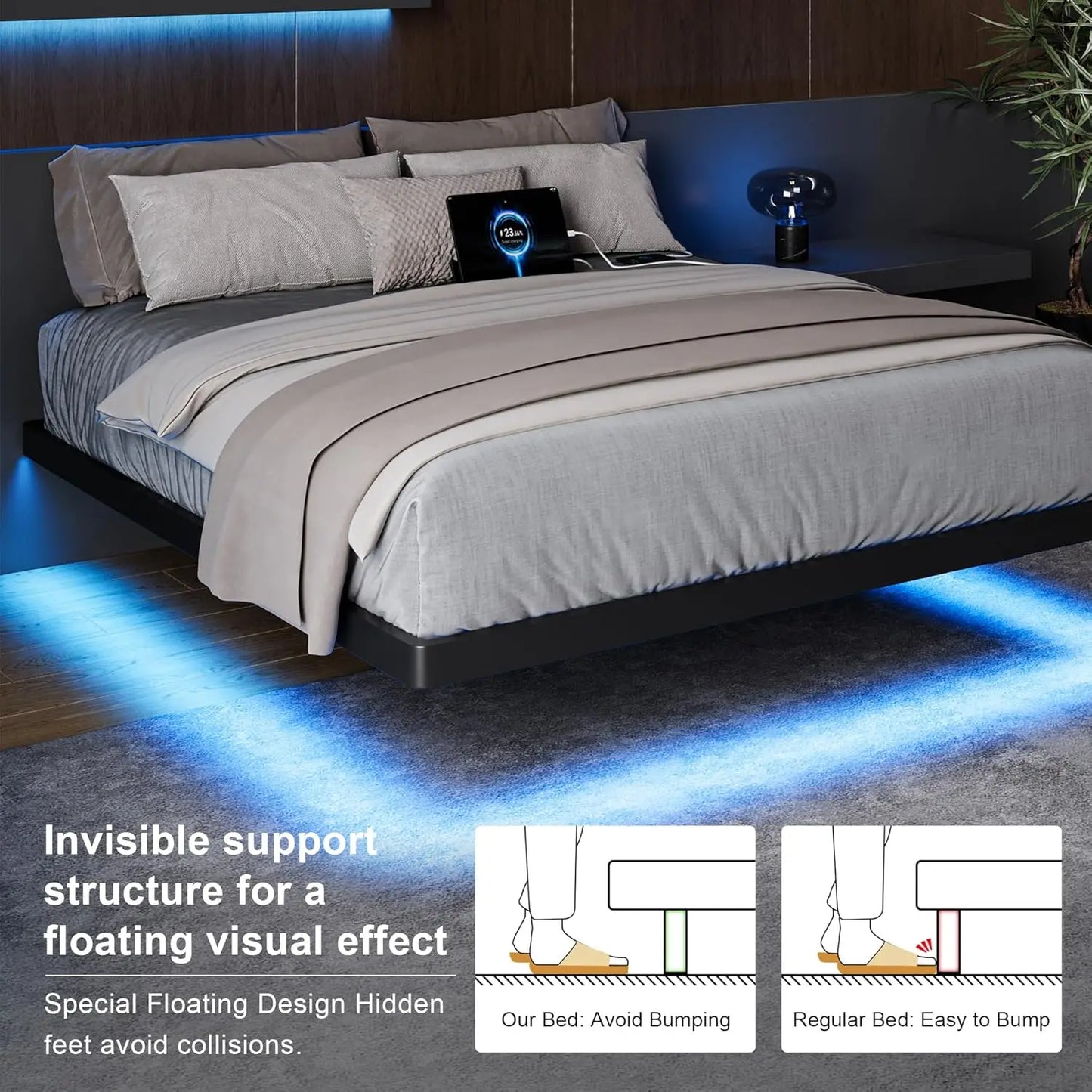 Full Size Floating Bed Frame, Charging Station & Led Lights