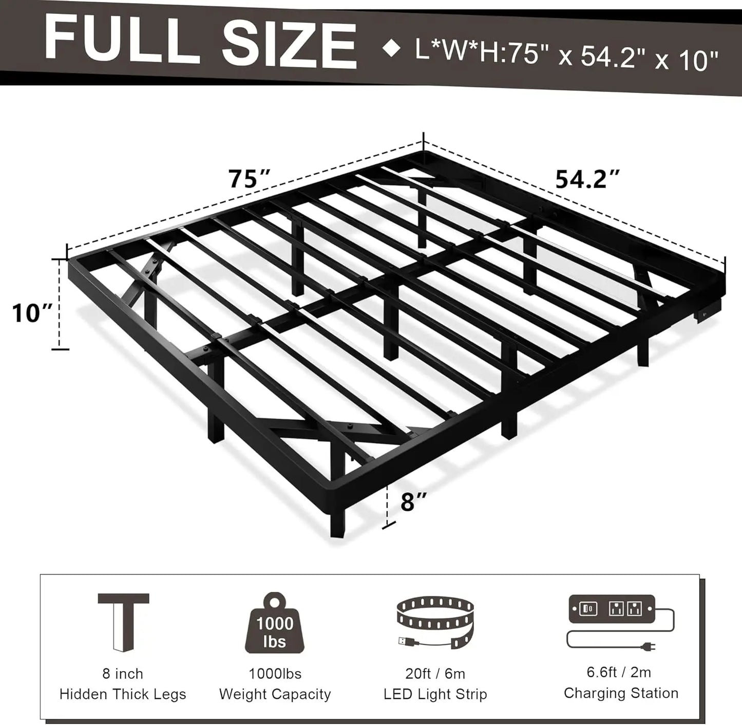 Full Size Floating Bed Frame, Charging Station & Led Lights