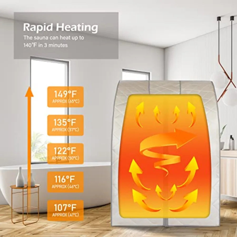 One‑person infrared sauna with remote‑controlled heat, foot pad, and foldable chair