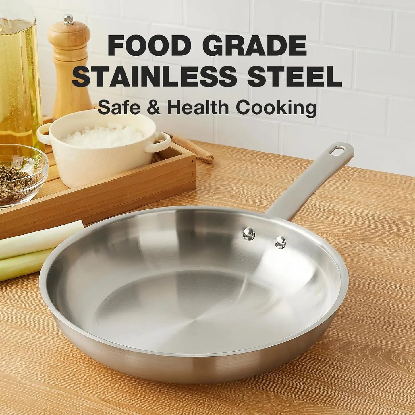 Stainless Steel Frying Pan With Tri-ply Bottom - Excellent Heat conduction PFAS-Free