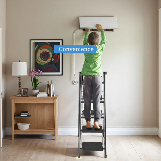 Five‑step folding ladder designed for stable, space‑saving household use