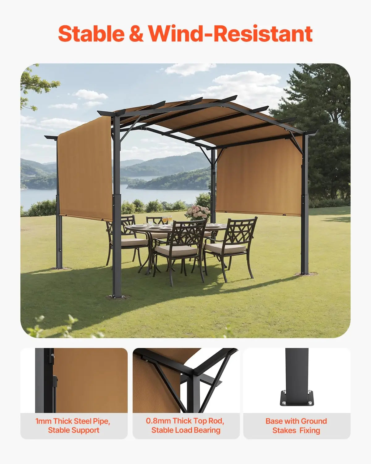 12 x 10 ft Pergola, Arched Metal Top, Retractable with Sun Shade Canopy