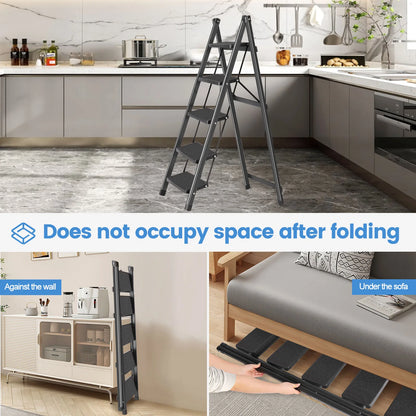 Five‑step folding ladder designed for stable, space‑saving household use
