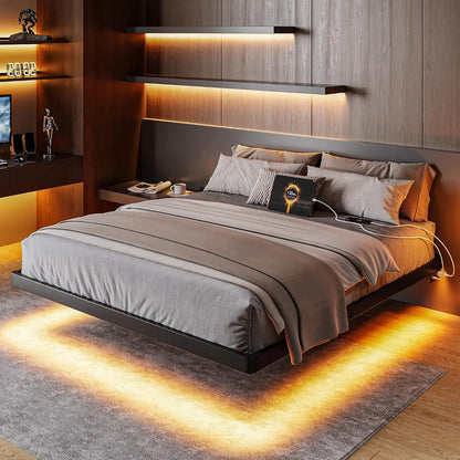 Full Size Floating Bed Frame, Charging Station & Led Lights