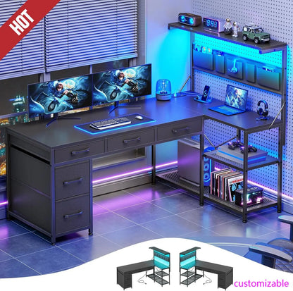 Reversible L Shaped Gaming Computer Desk with 5 Drawers, Storage Shelves & Built In Charging Station