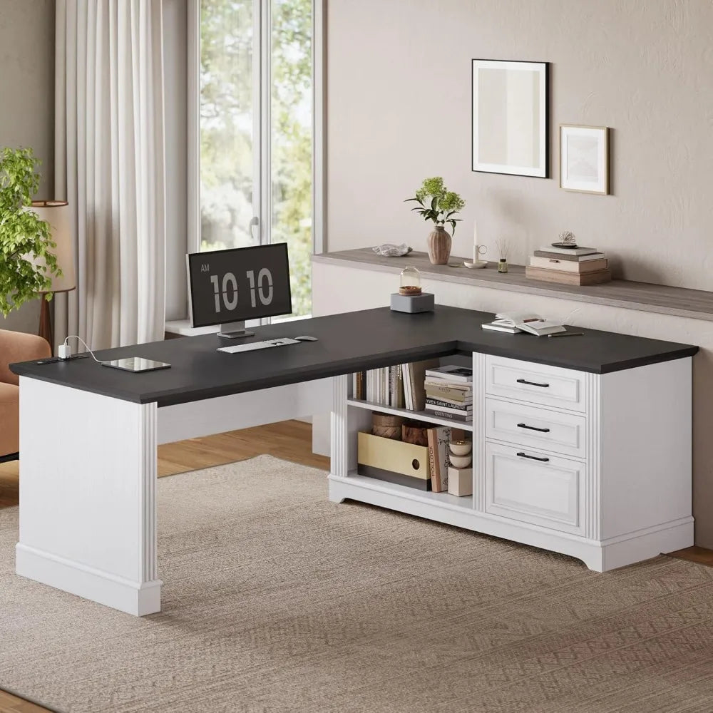 61" L Shaped Desk with Power Outlets, Storage Shelves & Drawers