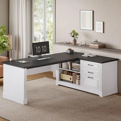 61" L Shaped Desk with Power Outlets, Storage Shelves & Drawers