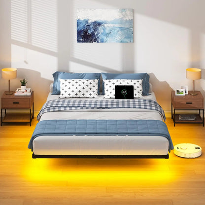 Queen Floating Bed Frame with LED Lights and Charging Station, No Box Spring Needed, Easy Assembly