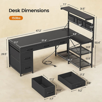 Reversible L Shaped Gaming Computer Desk with 5 Drawers, Storage Shelves & Built In Charging Station