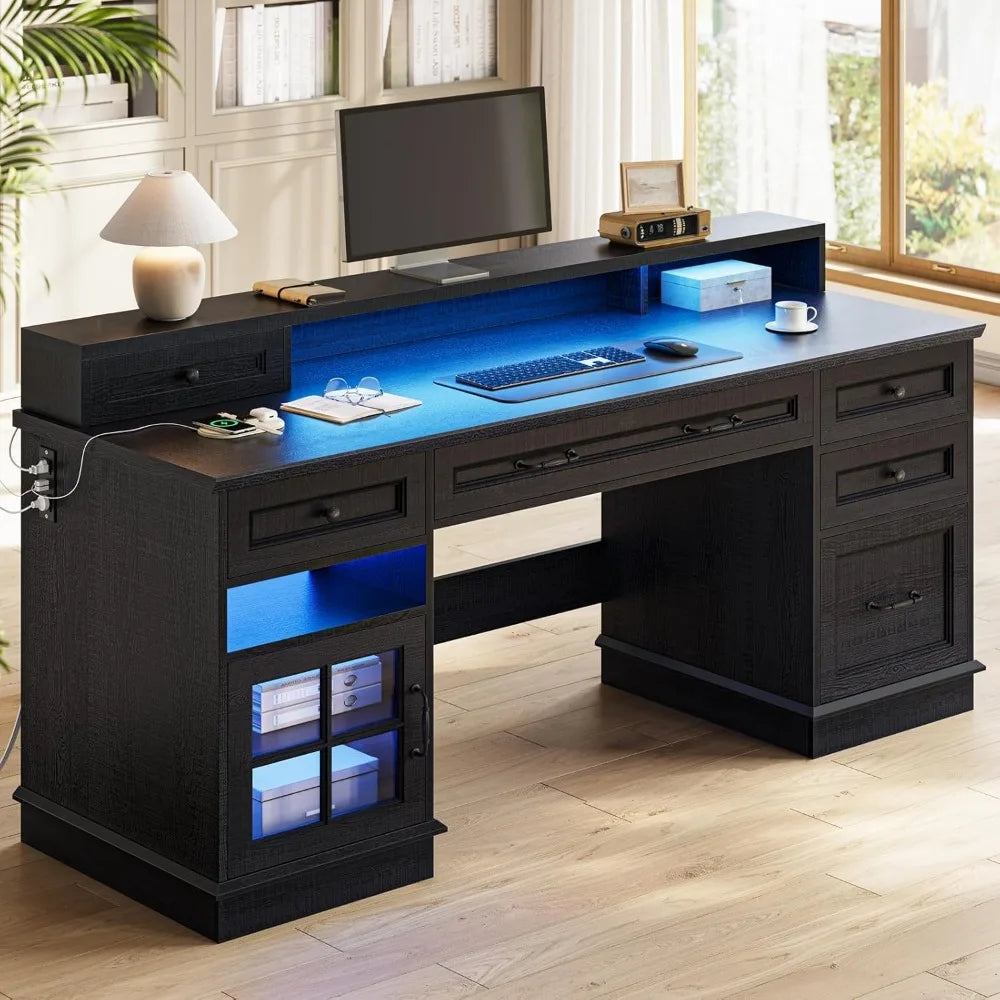 Office Desk with File Drawers, Power Outlet & LED Lights