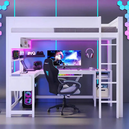 Full Size Gaming Loft Bed with Desk Storage Lights & Charging Station