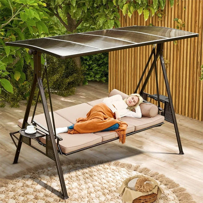 Oversized Convertible 3-Seater Porch Swing with Hardtop, 2 Side Cup Holder
