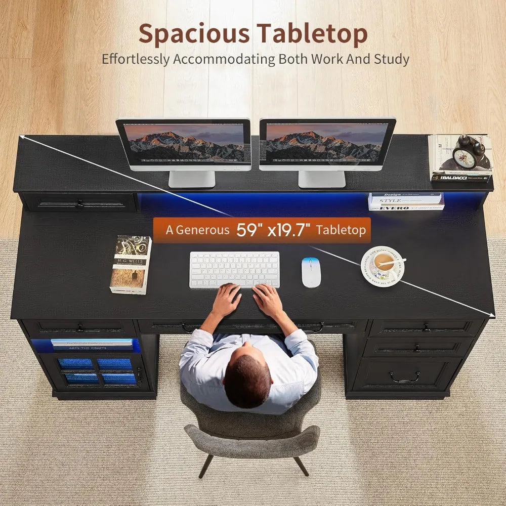 Office Desk with File Drawers, Power Outlet & LED Lights