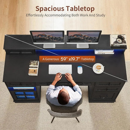 Office Desk with File Drawers, Power Outlet & LED Lights