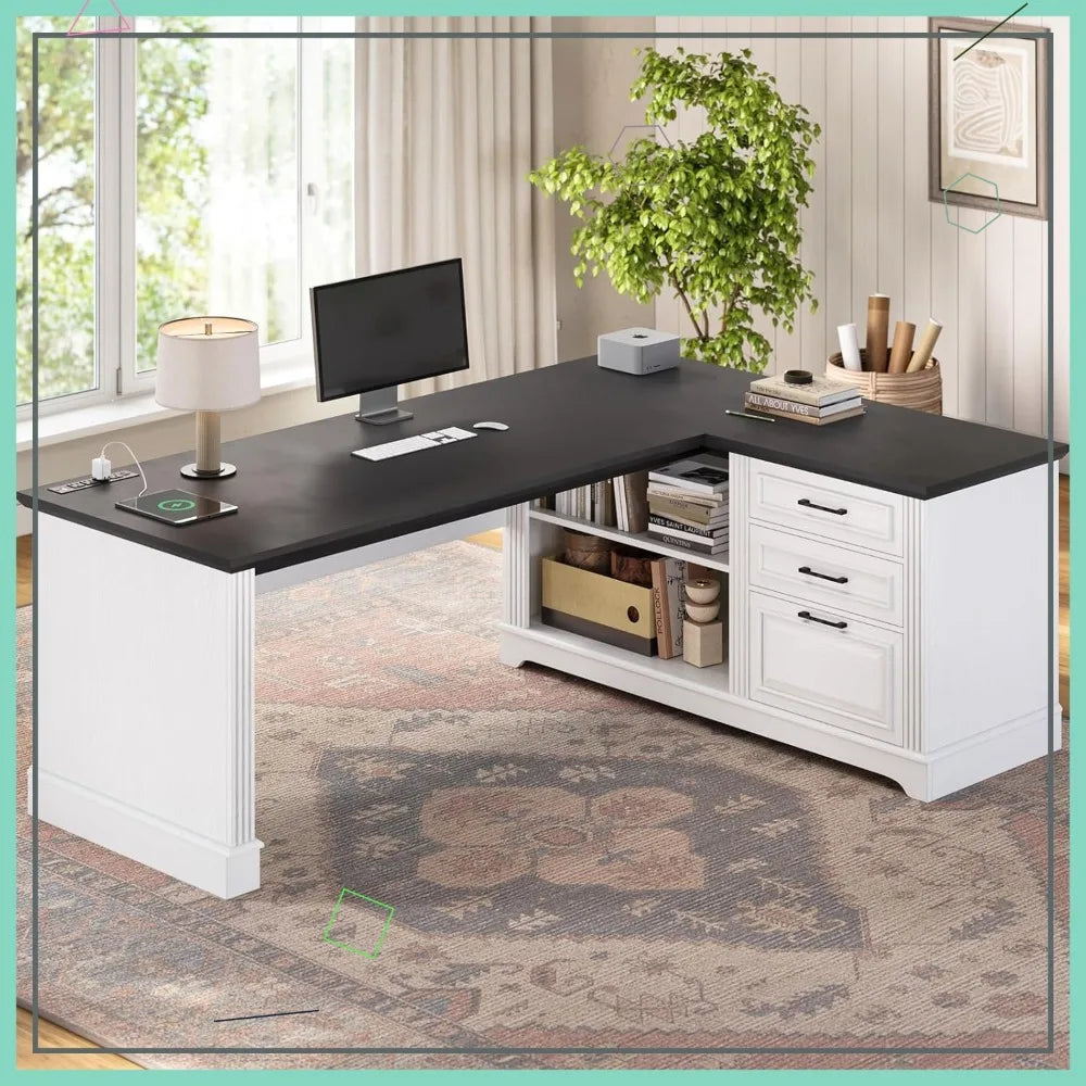 61" L Shaped Desk with Power Outlets, Storage Shelves & Drawers