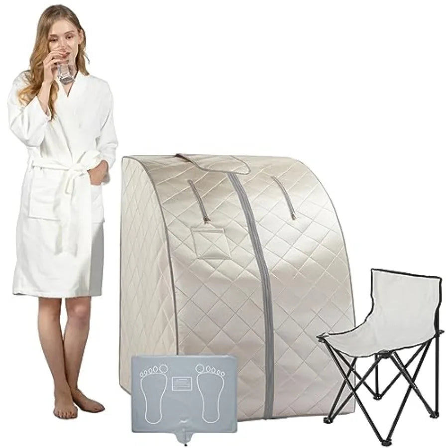One‑person infrared sauna with remote‑controlled heat, foot pad, and foldable chair