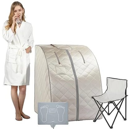 One‑person infrared sauna with remote‑controlled heat, foot pad, and foldable chair