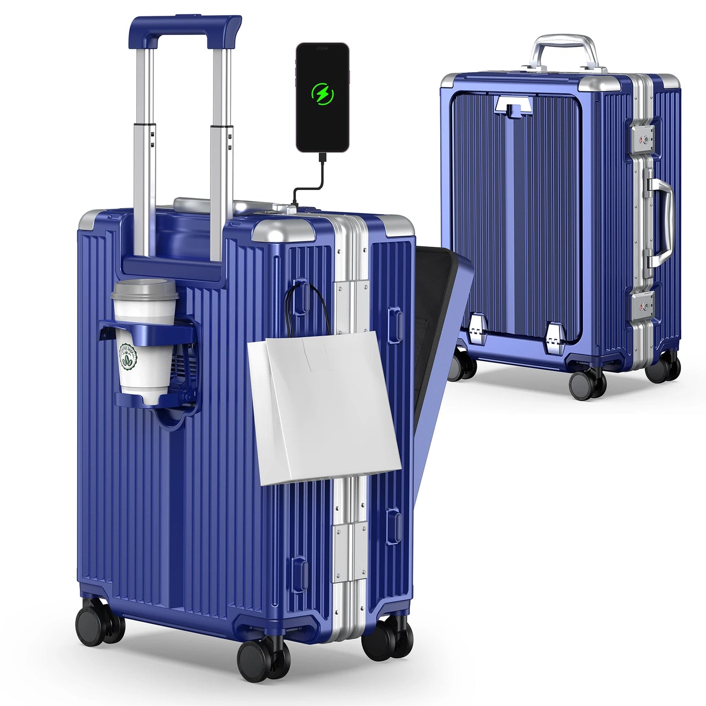 Aluminum Framed 22 inch Carry On Luggage with Front Open Laptop Compartment