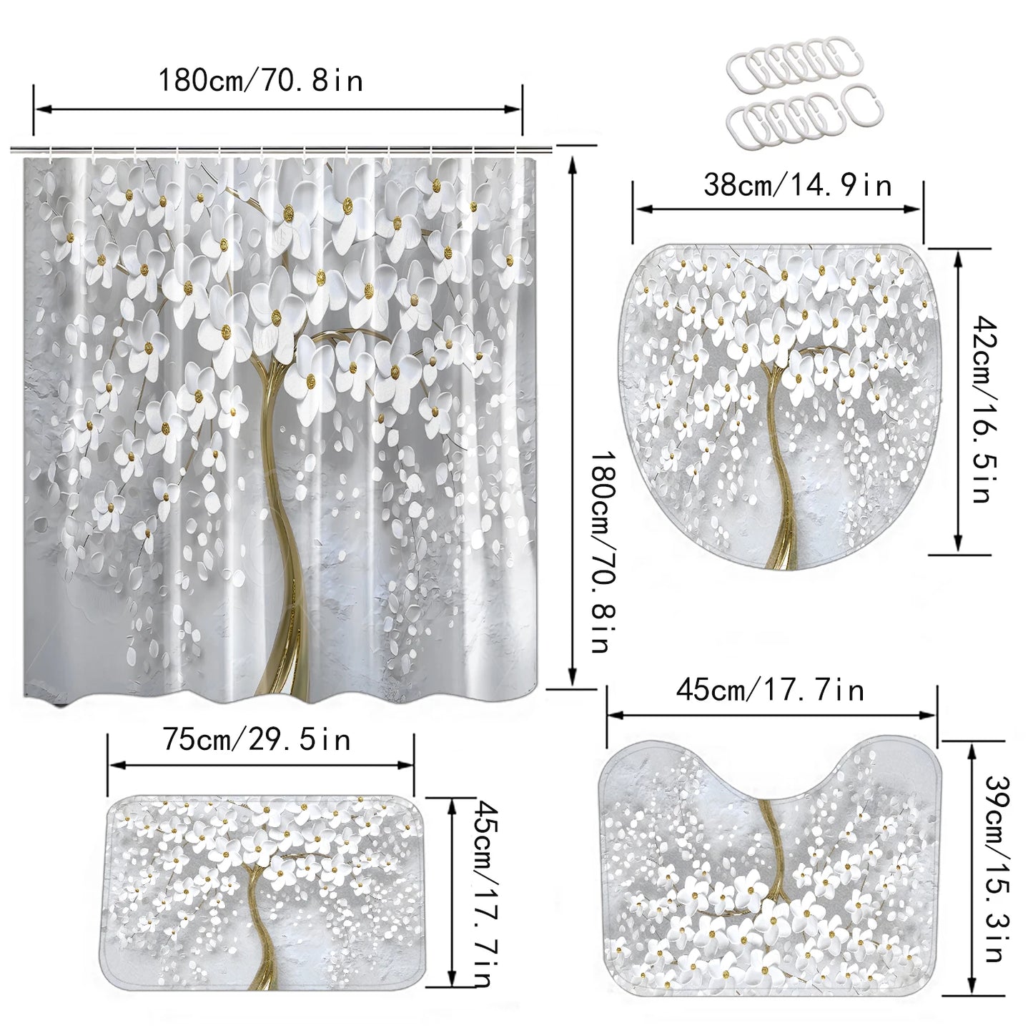 Abstract Art White Floral Shower Curtain Set