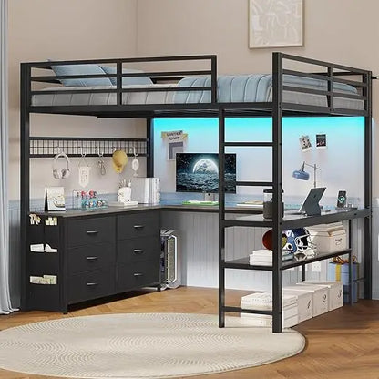 Full Sized Loft Bed with U-Shaped Desk, 6 Storage Drawers, Power Outlet, 2 Storage Shelves