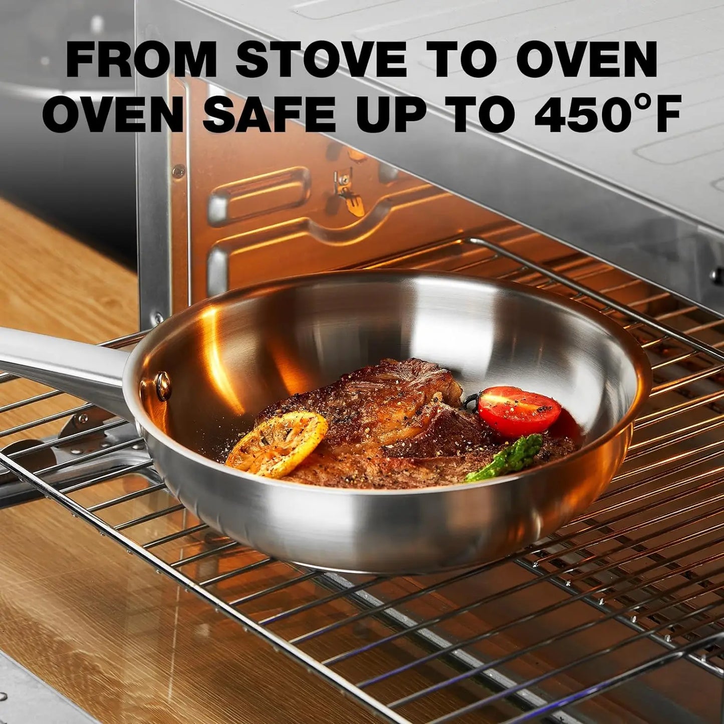 Stainless Steel Frying Pan With Tri-ply Bottom - Excellent Heat conduction PFAS-Free