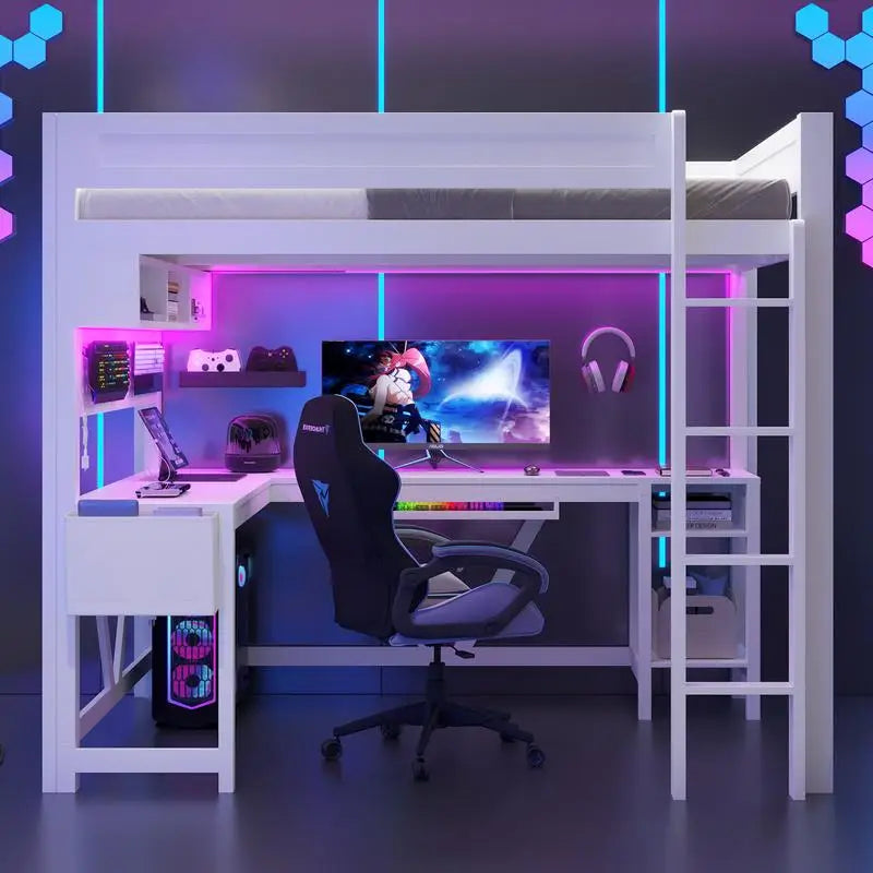 Full Size Gaming Loft Bed with Desk Storage Lights & Charging Station