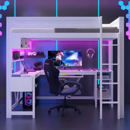 Full Size Gaming Loft Bed with Desk Storage Lights & Charging Station