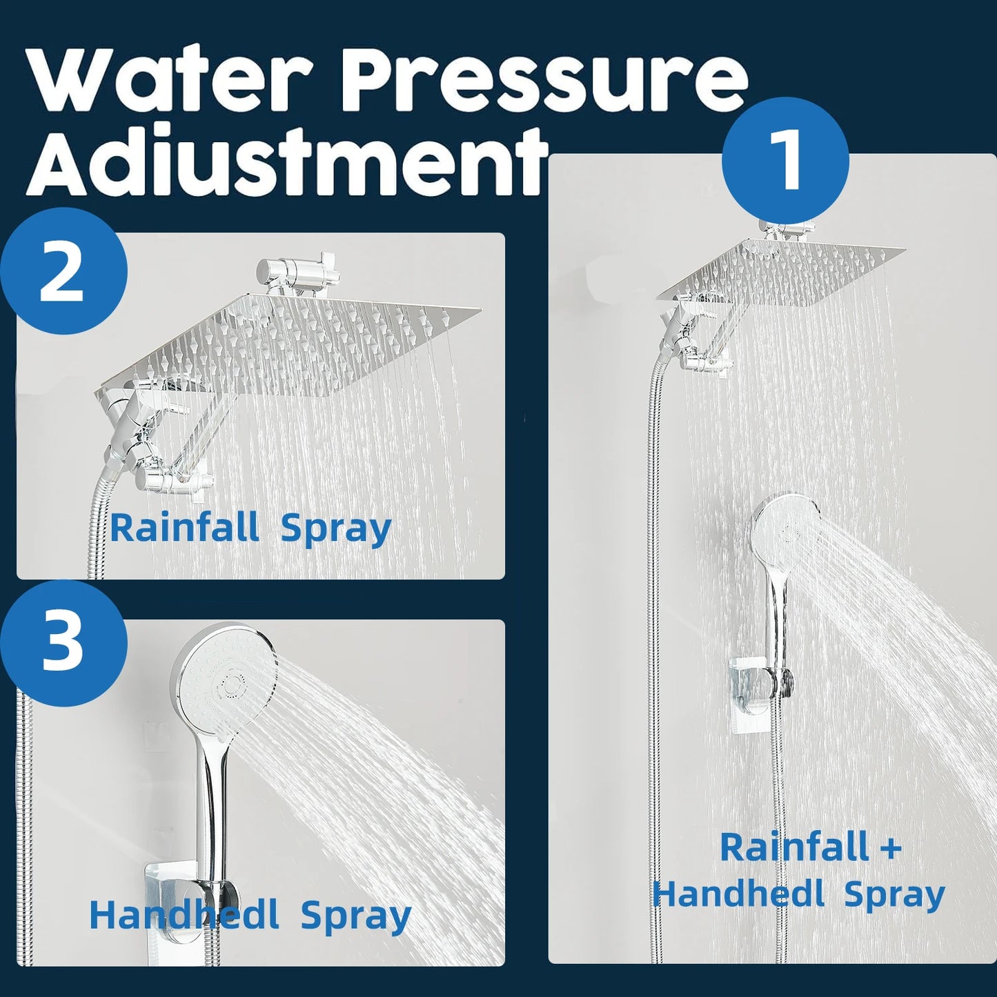 Shower Head Combo 8-12Inch High Pressure Rain Shower Head with Adjustable Extension Arm, 3-way Handheld Shower Spray