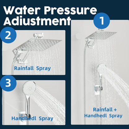 Shower Head Combo 8-12Inch High Pressure Rain Shower Head with Adjustable Extension Arm, 3-way Handheld Shower Spray