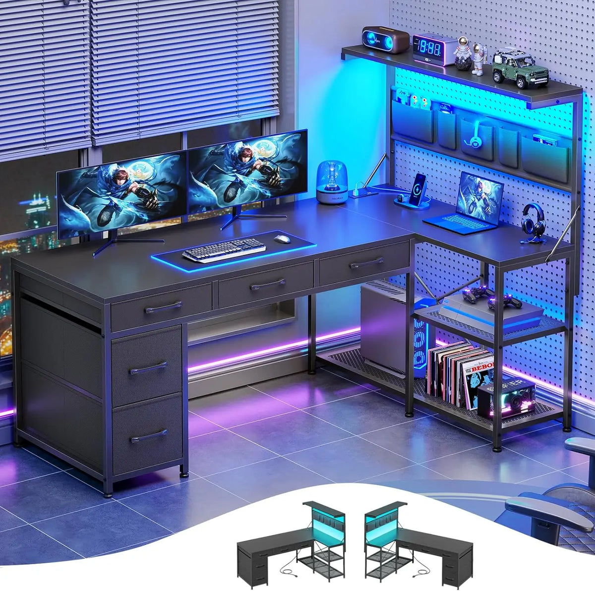Computer Desk Reverse L L‑Shaped Reversible Desk with Storage and Built‑In Charging ...